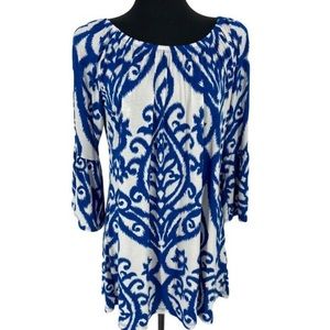 Patterned ruffle sleeve mini dress; versatile neckline can be off shoulder